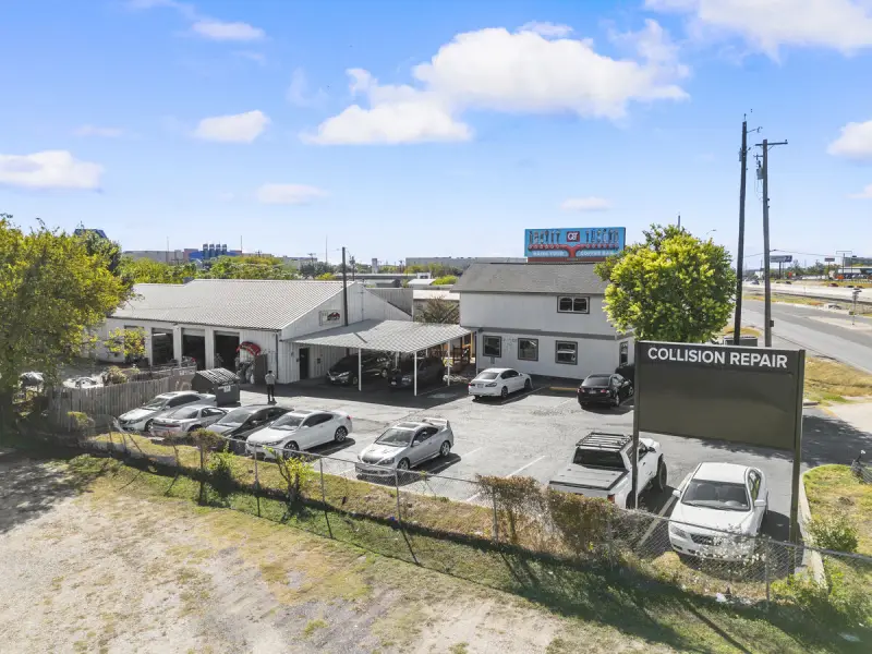 G&G AutoBody shop exterior and parking area from above